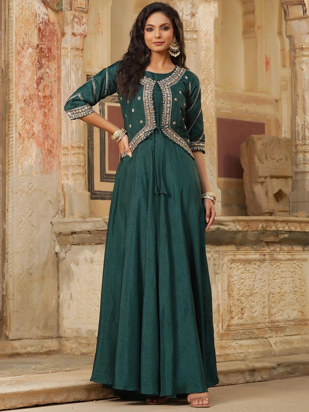 scakhi women green embellished flared ethnic dress