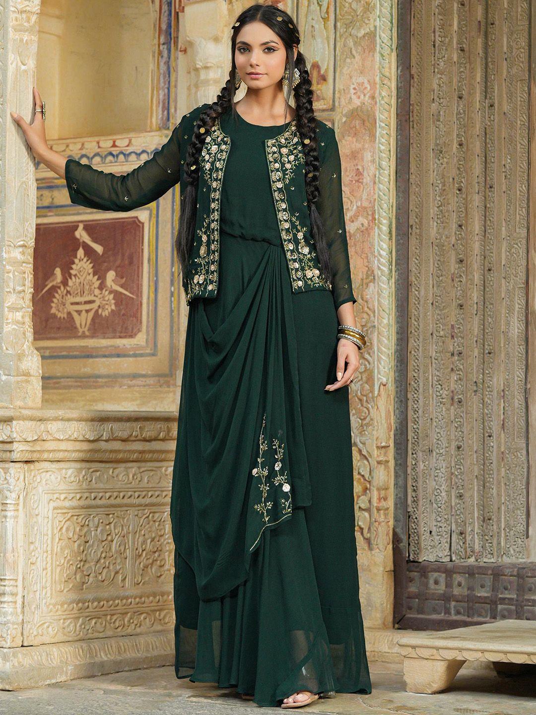 scakhi women green embroidered pleated ethnic dress