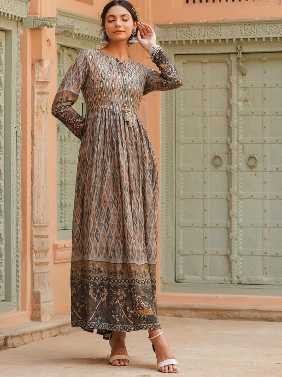 scakhi women grey printed anarkali ethnic dress