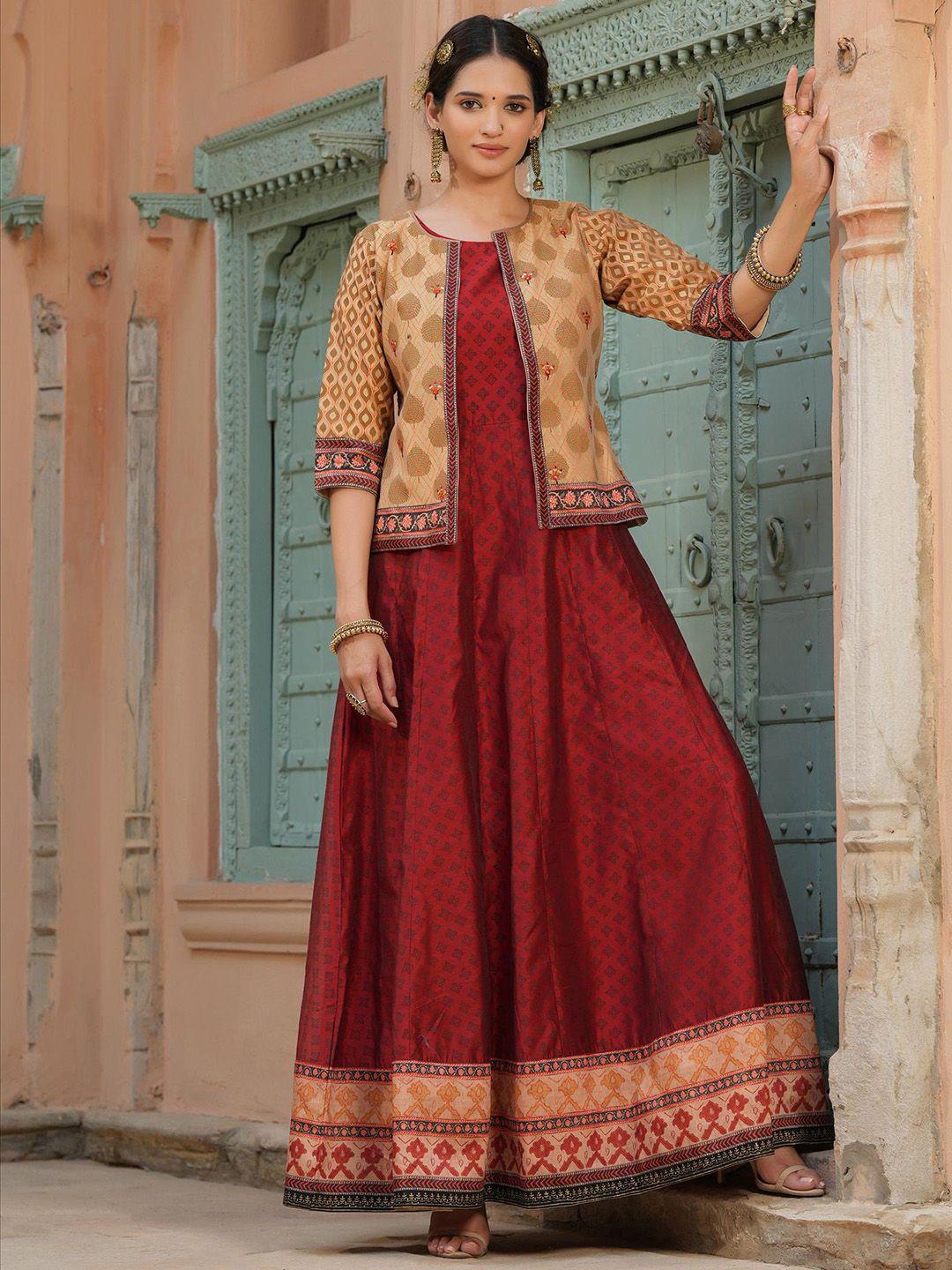 scakhi women maroon ethnic motifs printed silk kurta with jacket