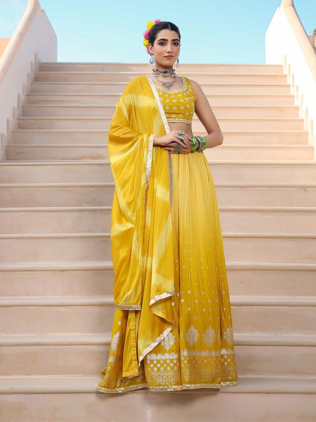 scakhi women mustard & silver-toned embroidered foil print lehenga & blouse with dupatta