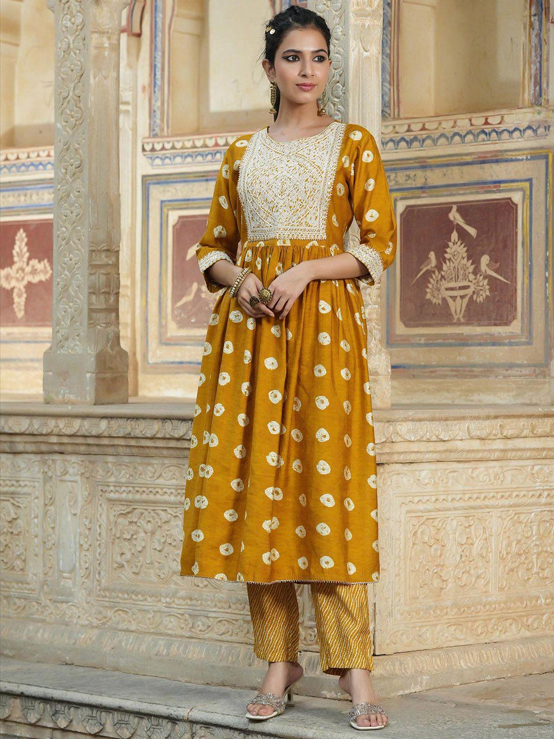 scakhi women mustard yellow bandhani printed empire sequinned kurta with trousers