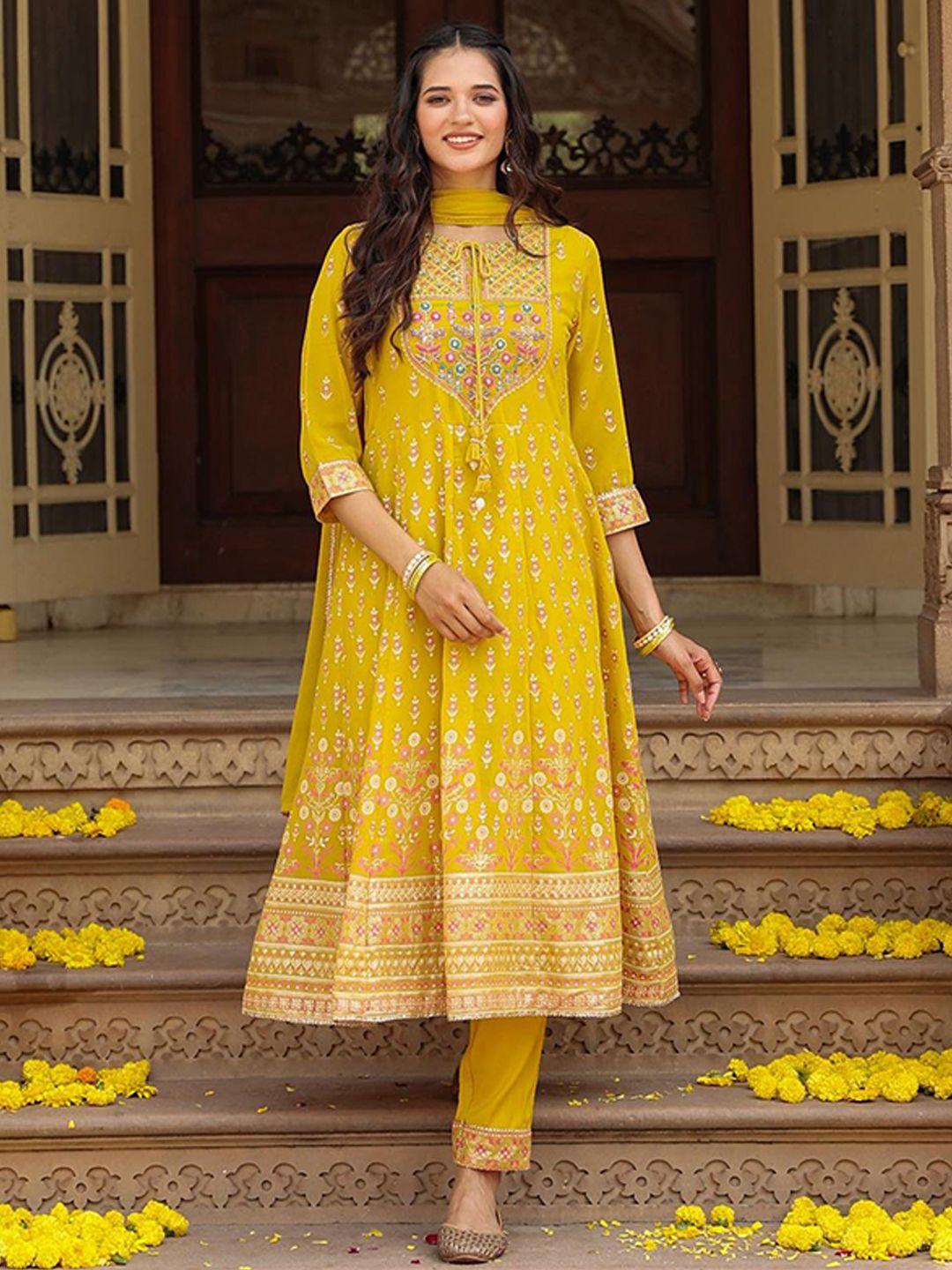 scakhi women mustard yellow floral yoke design regular beads and stones kurta with trousers & with dupatta