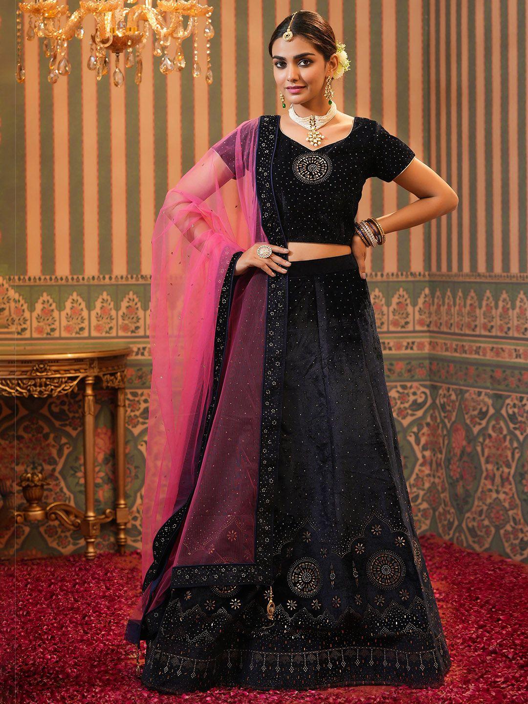 scakhi women navy blue & pink embellished beads and stones ready to wear lehenga & blouse with dupatta