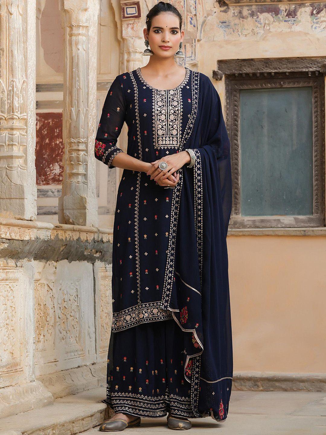 scakhi women navy blue floral embroidered thread work kurta with sharara & with dupatta