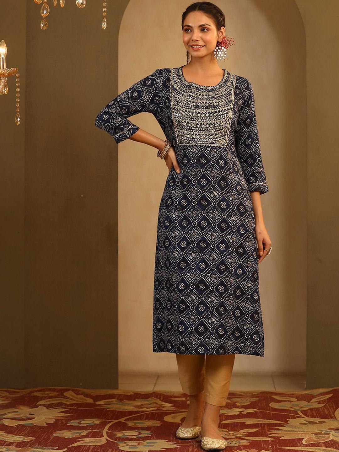 scakhi women navy blue floral printed & yoke sequined kurta