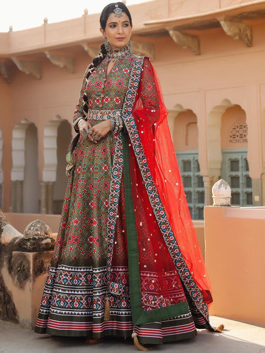 scakhi women olive green & red  printed anarkali kurta with belt and net dupatta