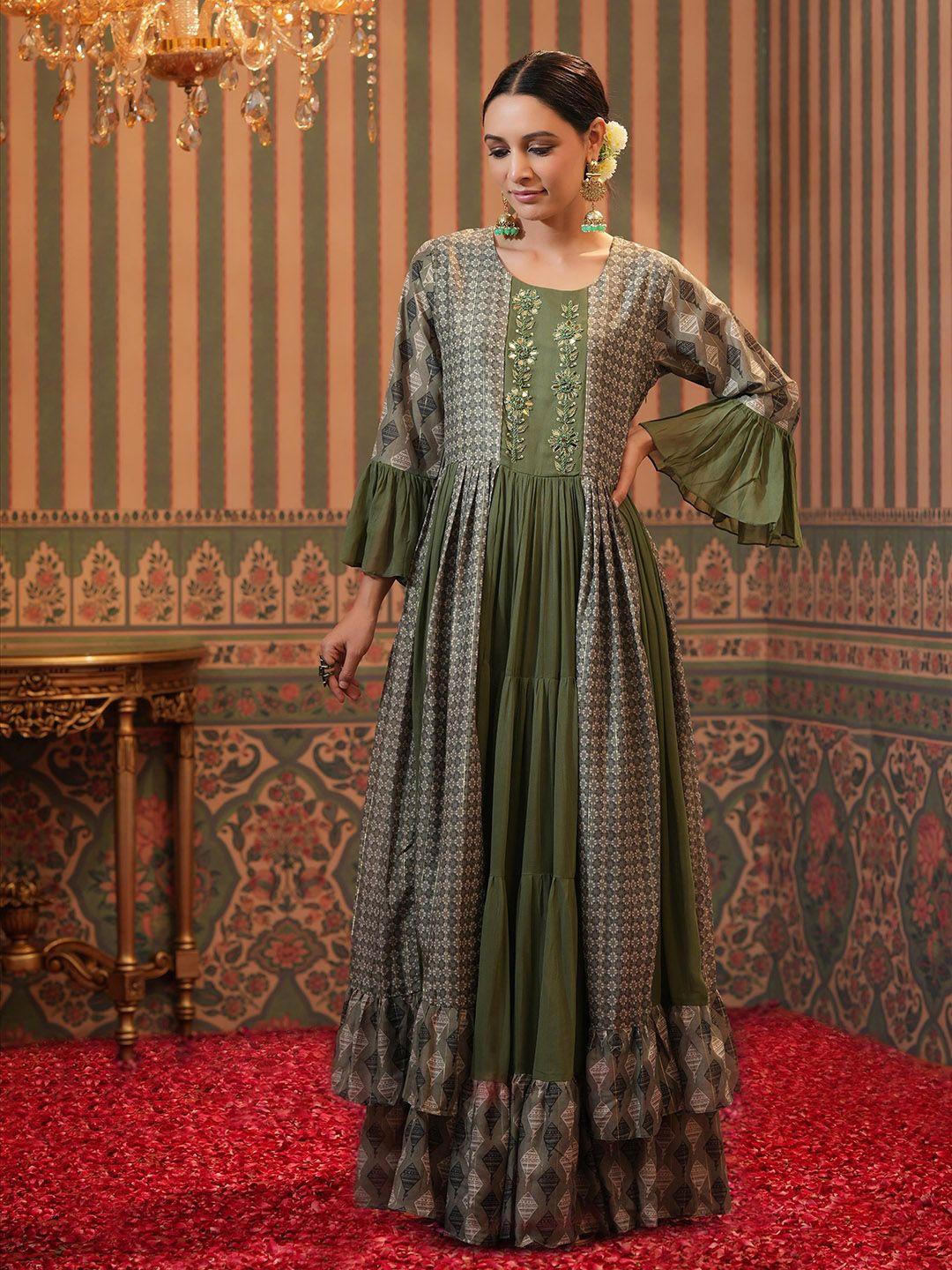 scakhi women olive green ethnic motifs printed flared sleeves indie prints georgette anarkali kurta