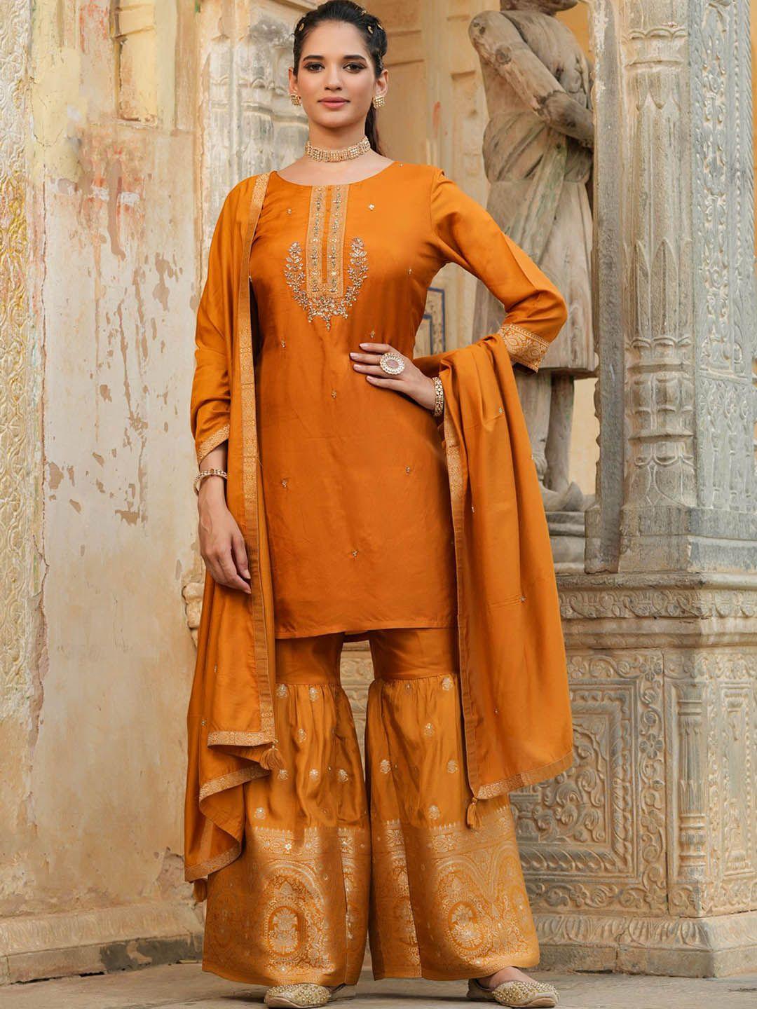 scakhi women orange ethnic motifs yoke design beads and stones pure silk kurti with sharara & with dupatta