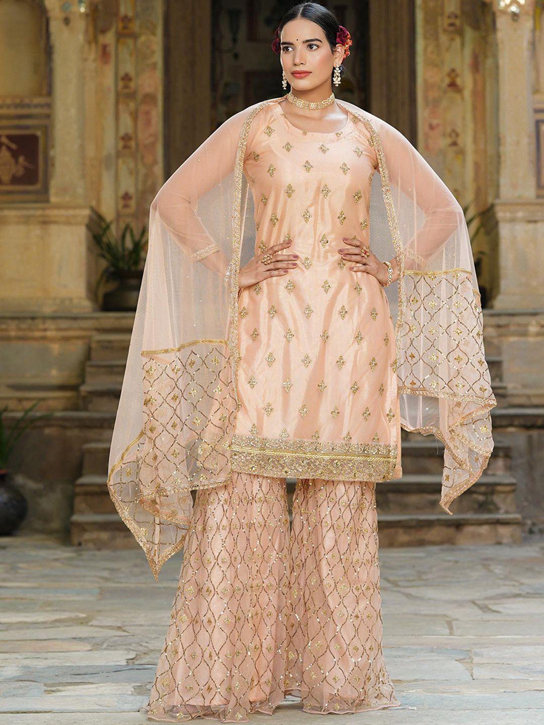 scakhi women peach-coloured ethnic motifs beads and stones kurta with sharara & dupatta