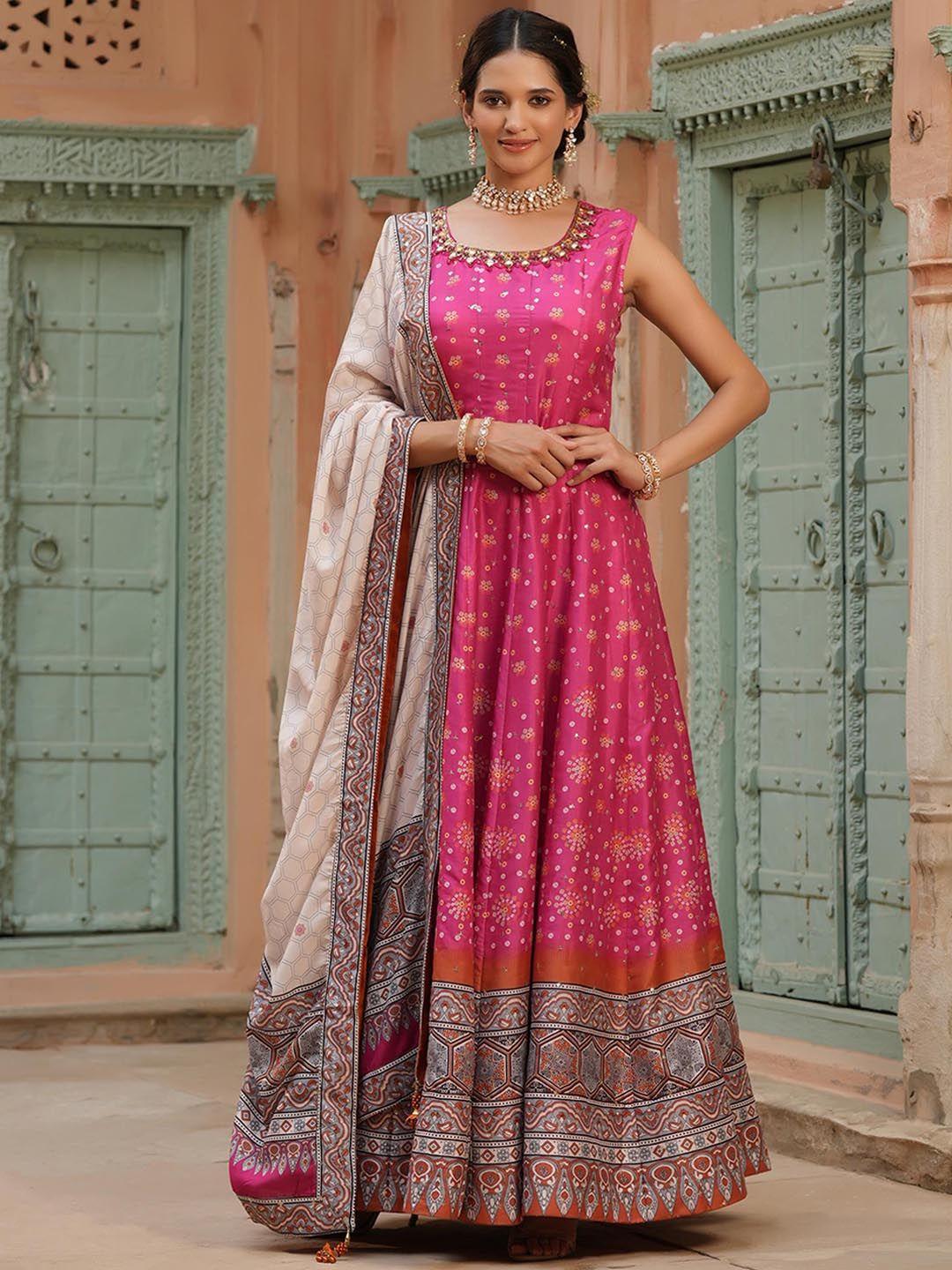 scakhi women pink bandhani ajrakh printed kurta with dupatta set