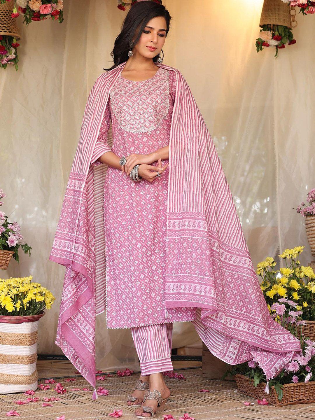 scakhi women pink bandhani printed mirror work pure cotton kurta with trousers & with dupatta