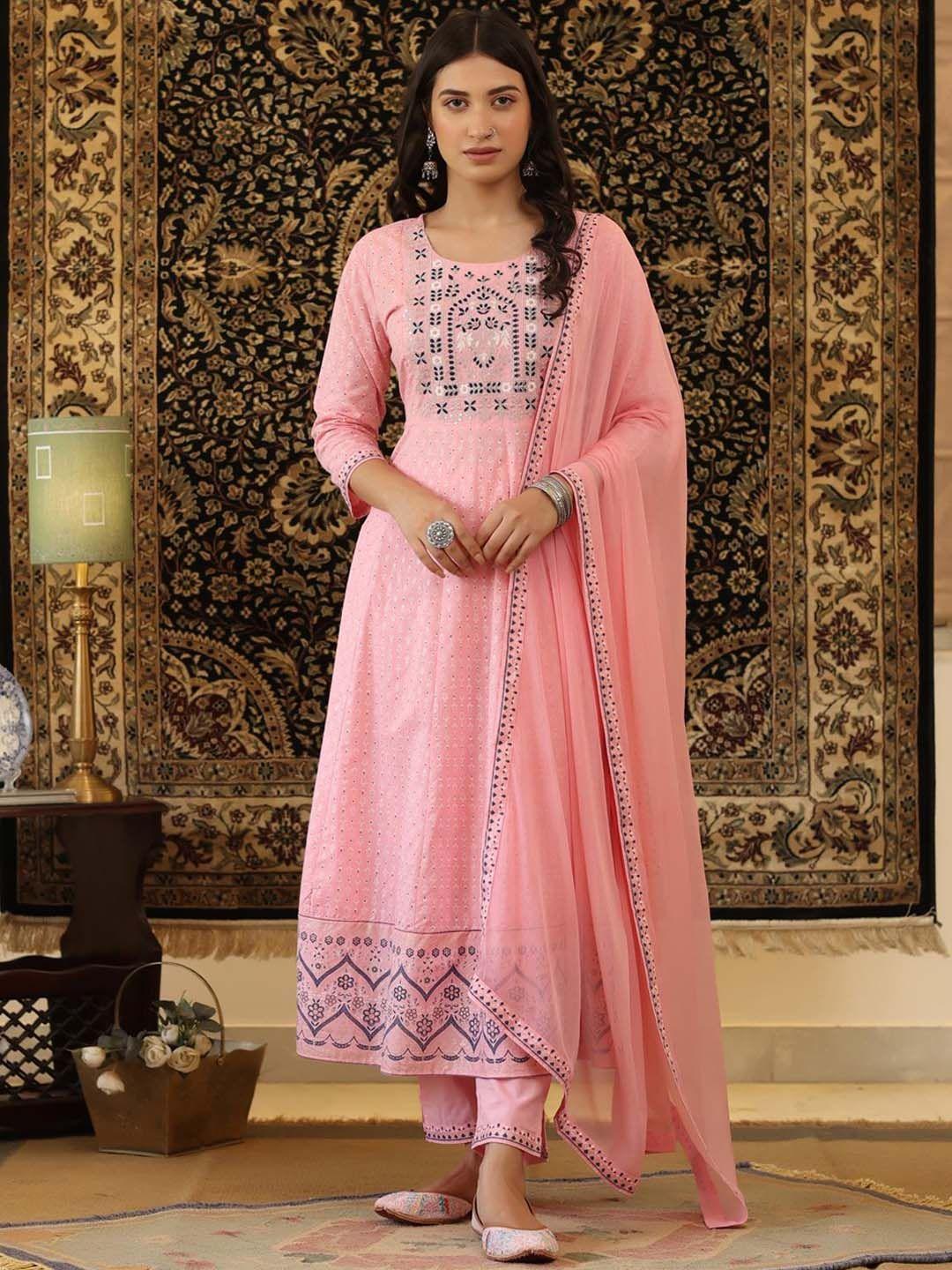 scakhi women pink ethnic motifs yoke design panelled pure cotton kurta set
