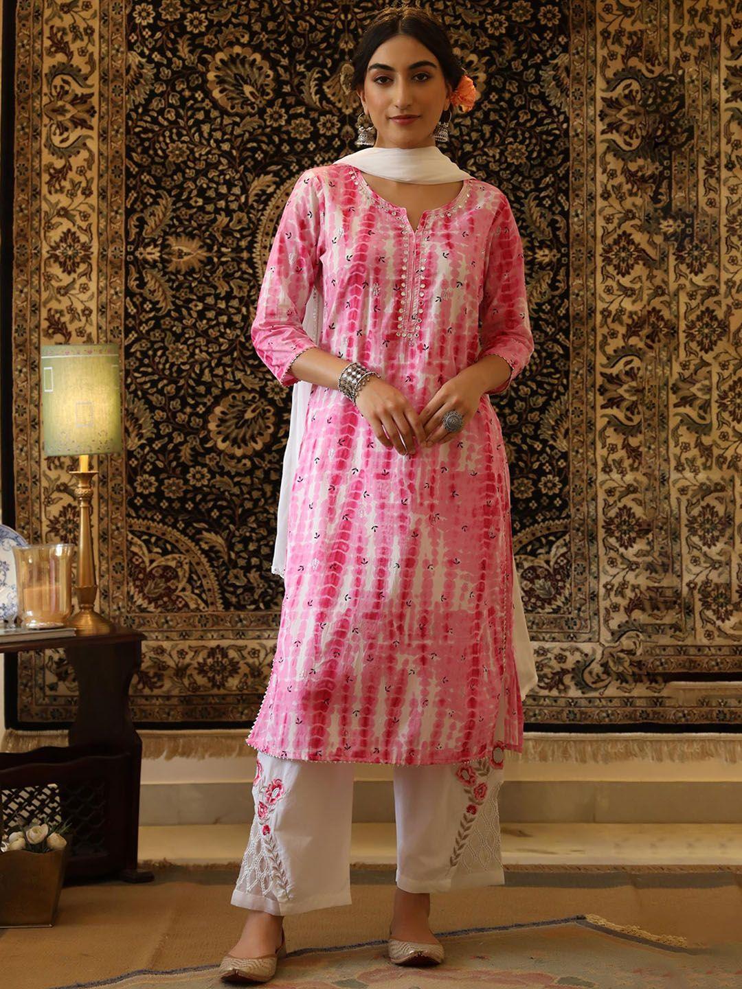 scakhi women printed mirror work pure cotton straight kurta with trousers & with dupatta