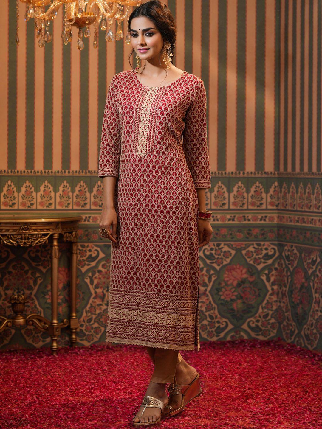 scakhi women red ethnic motifs embroidered thread work straight fit kurta