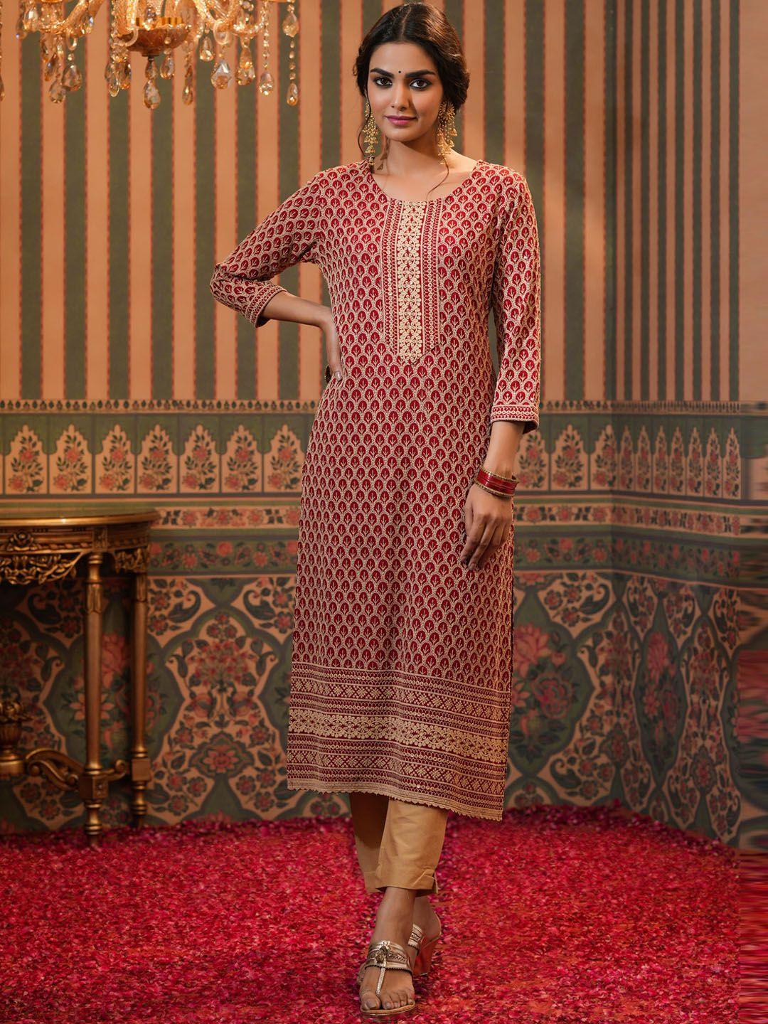 scakhi women red ethnic motifs printed thread work grandeur & majestic artwork kurta