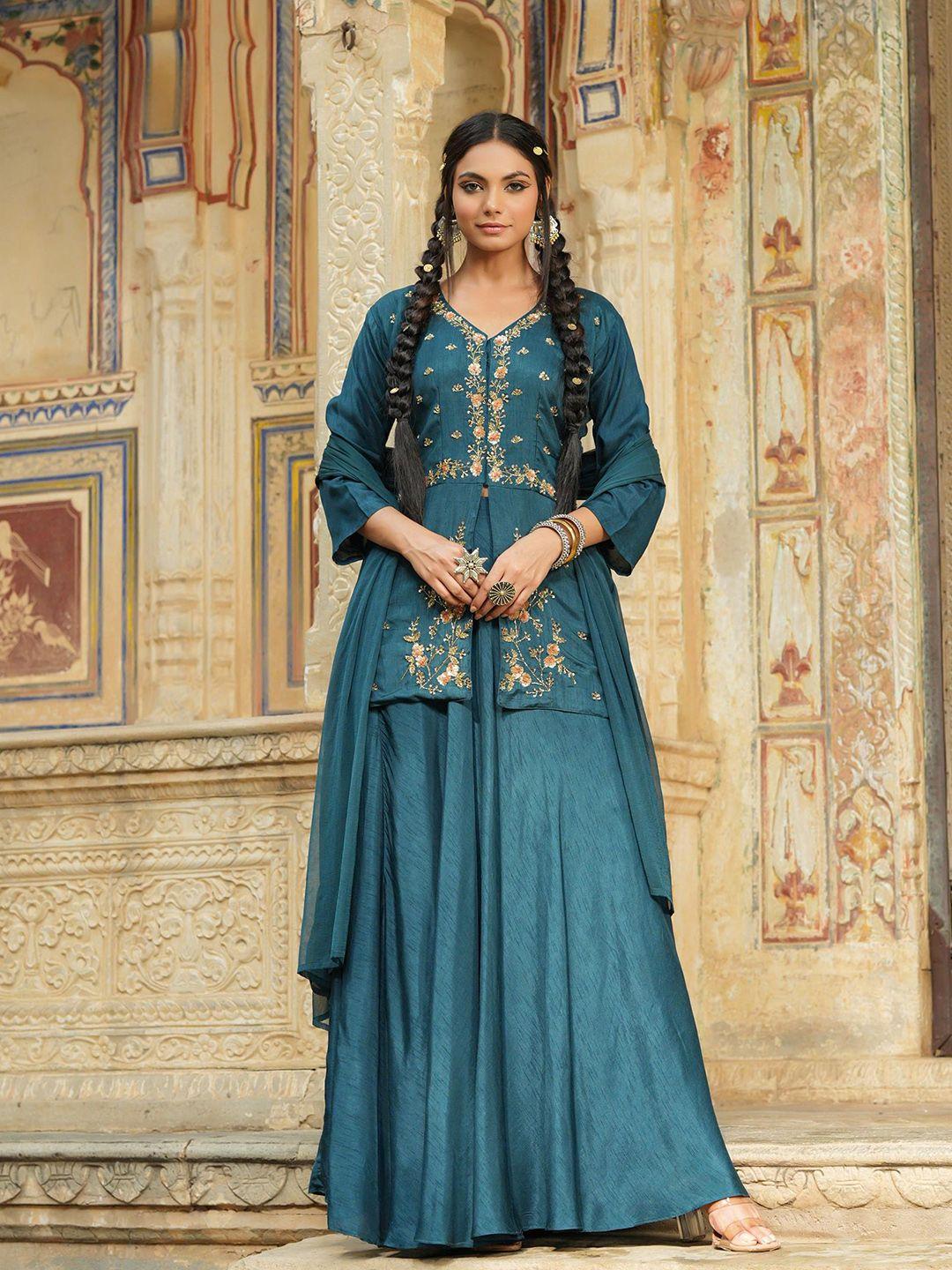 scakhi women teal & orange embellished sequinned ready to wear lehenga & blouse with dupatta