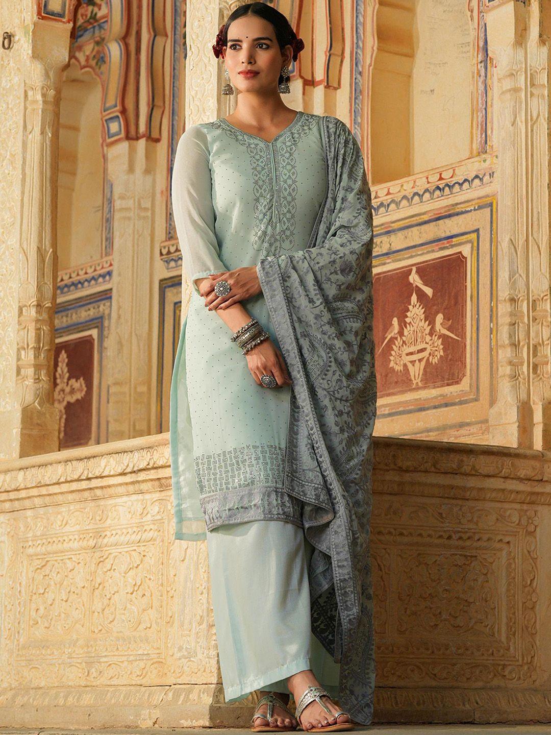 scakhi women turquoise blue embroidered beads and stones kurta with palazzo & with dupatta