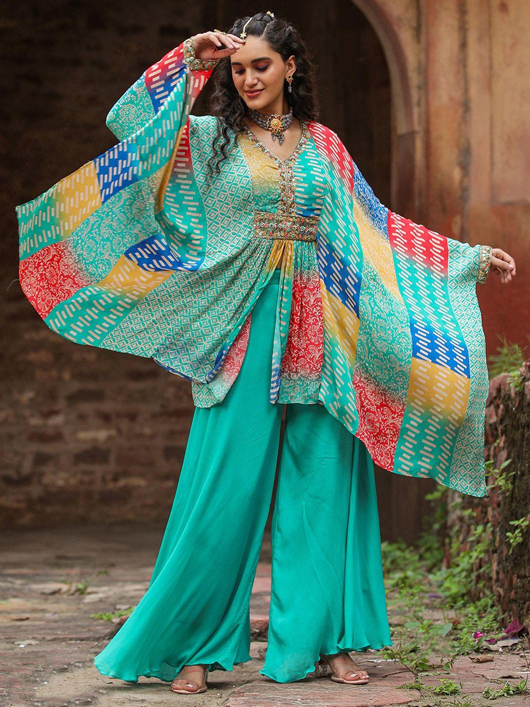 scakhi women turquoise blue ethnic motifs printed high slit thread work silk crepe top with palazzos