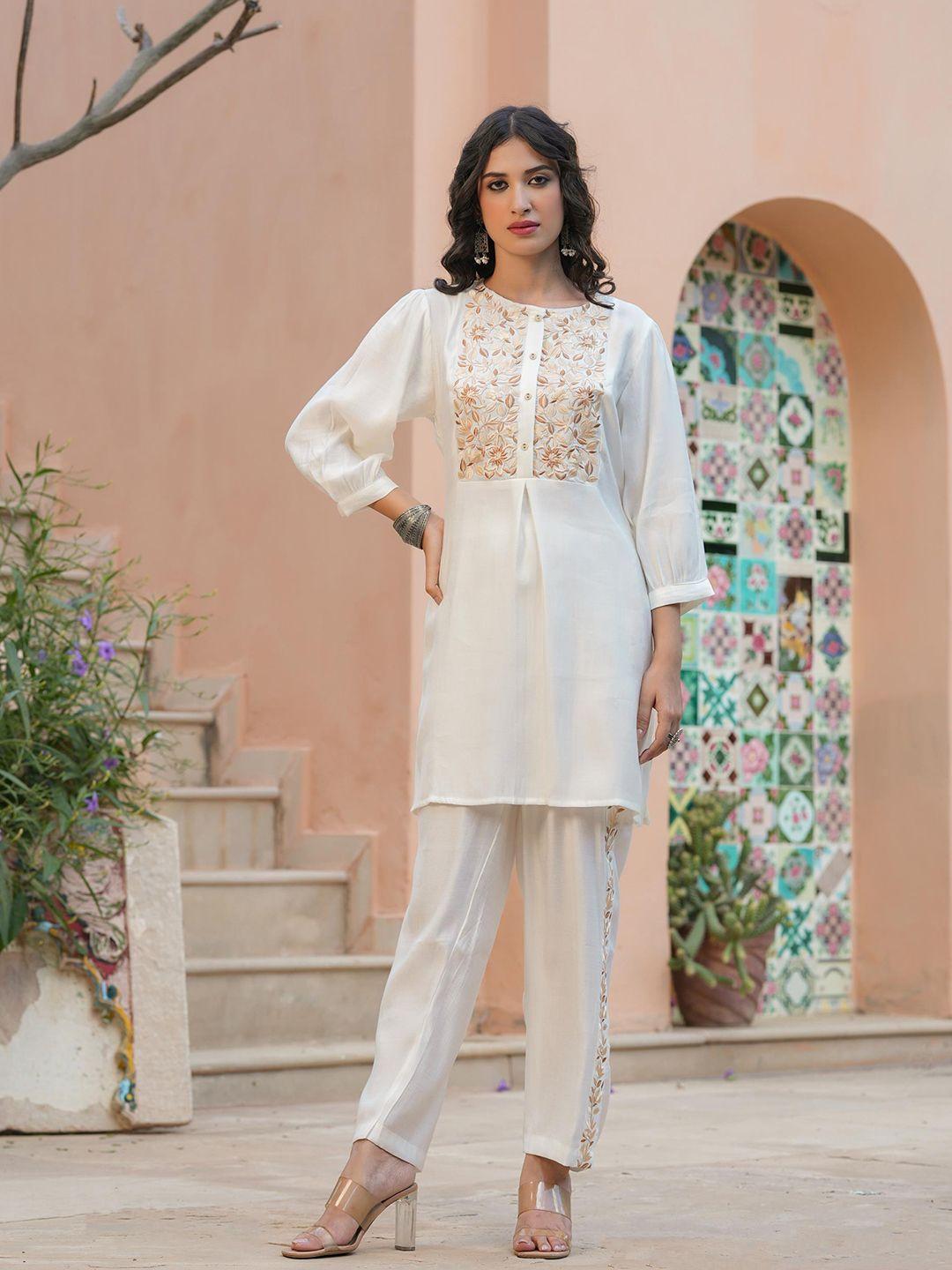 scakhi women white floral embroidered kurti with trousers