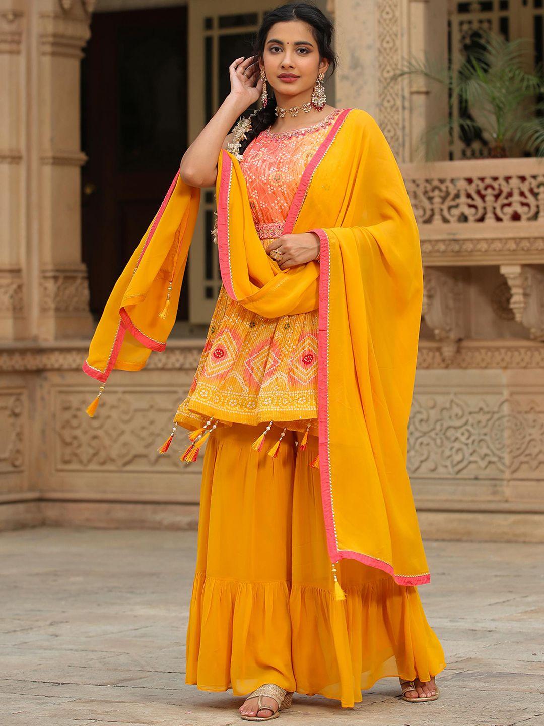 scakhi women yellow bandhani printed empire sequinned kurta with sharara & with dupatta