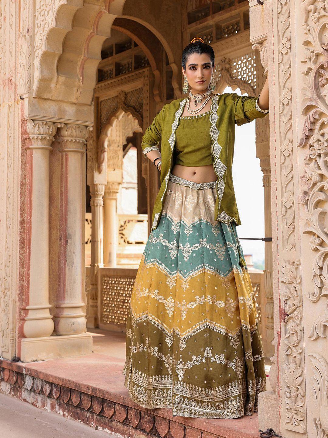 scakhi woven design beads and stones silk ready to wear lehenga with blouse & jacket