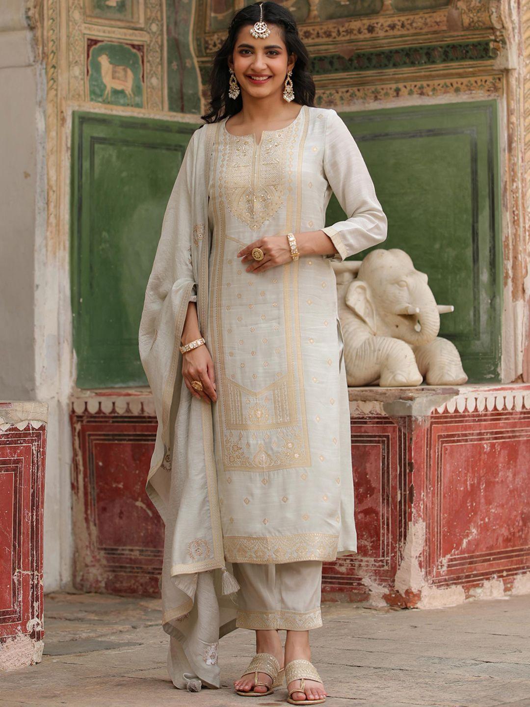 scakhi woven design zari kurta with trousers & with dupatta