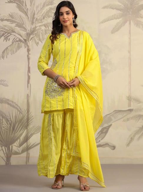 scakhi yellow cotton embellished kurti sharara set with dupatta
