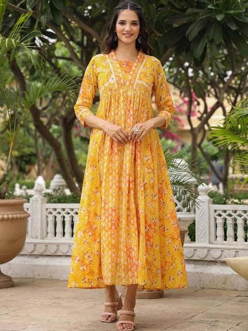 scakhi yellow cotton printed empire-line dress