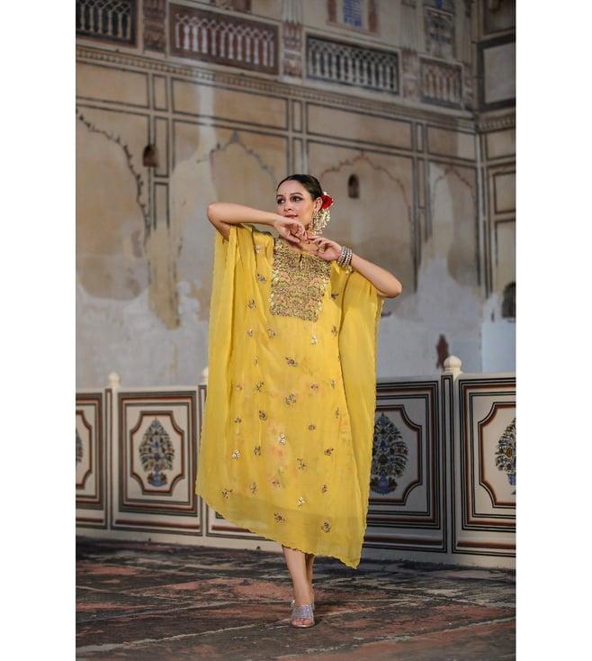 scakhi yellow dola silk jacquard gathered gown with attached koti jacket