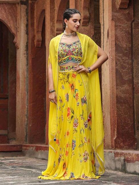 scakhi yellow embroidered crop top skirt set with cape