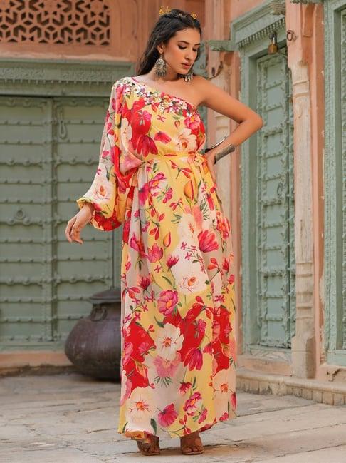 scakhi yellow floral print ethnic gown