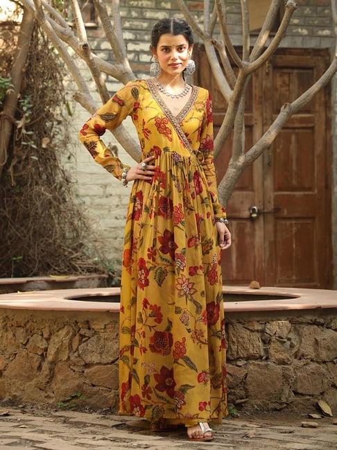 scakhi yellow floral print gown