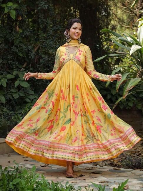 scakhi yellow floral print maxi gown with dupatta