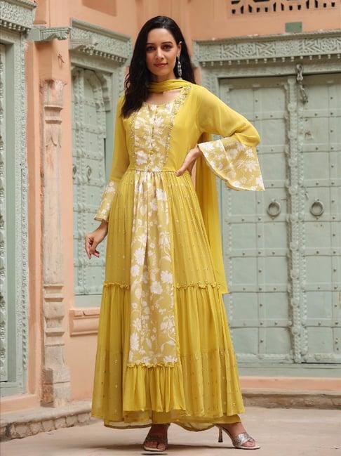 scakhi yellow printed georgette kurta with palazzos & dupatta