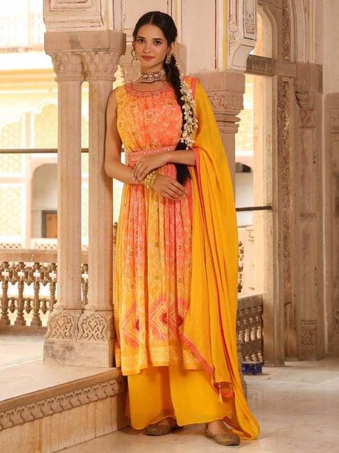 scakhi yellow printed kurta palazzo set with dupatta & belt