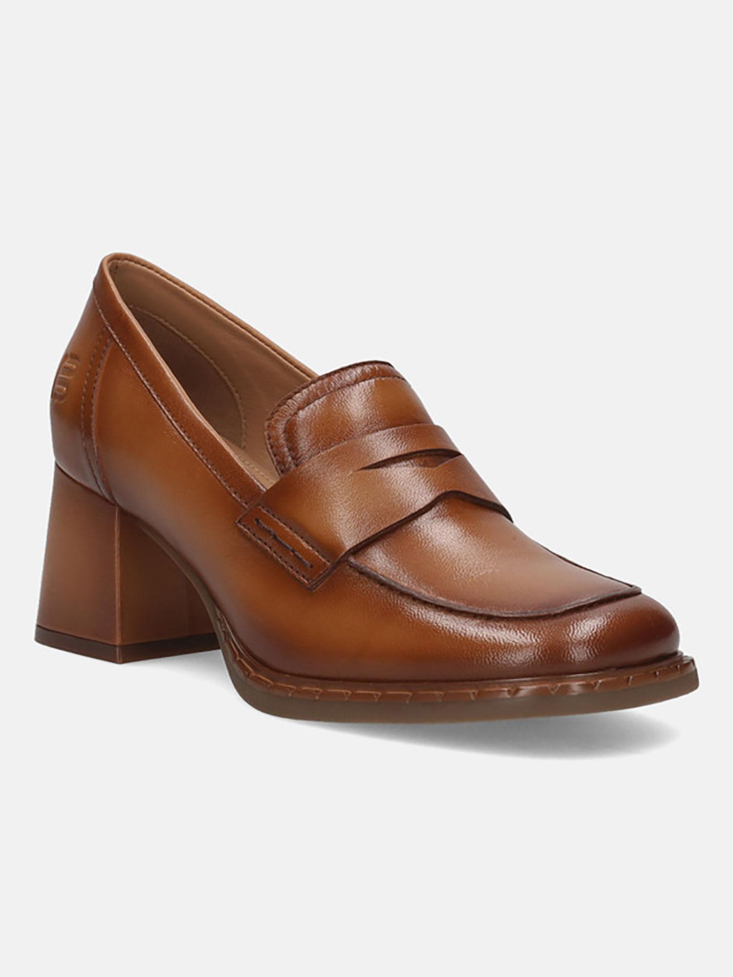 scala brown womens leather block heel pumps