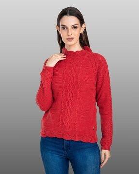 scalloped-neck pullover with raglan sleeves