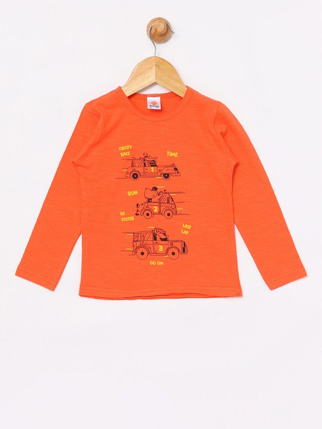 scampy boys orange printed round neck cotton t-shirt