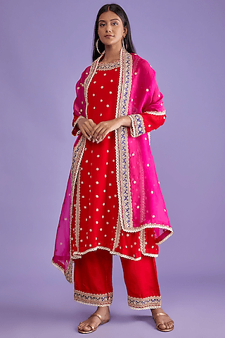 scarlet red chiffon embroidered kurta set