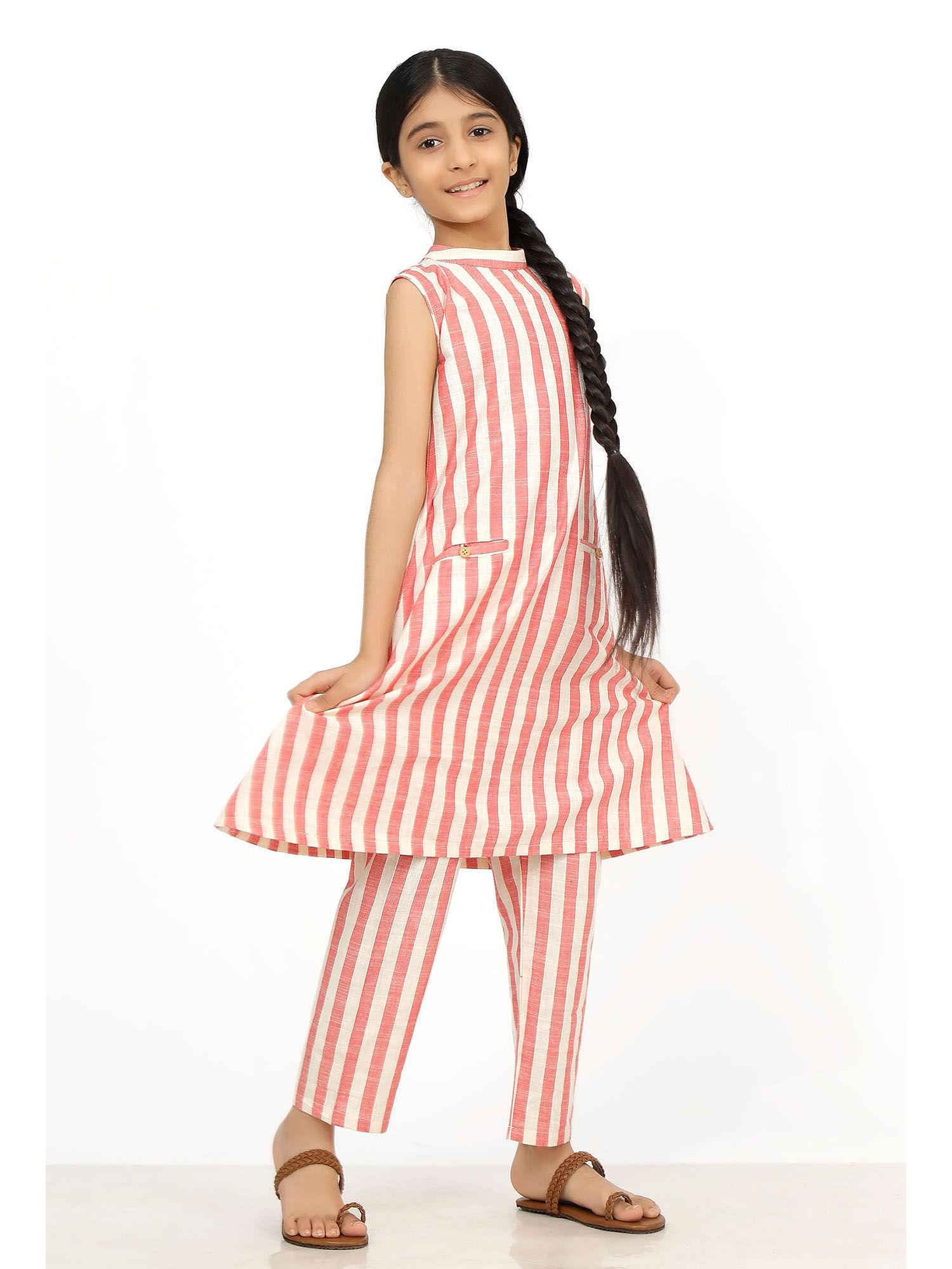 scarlet red stripes cotton kurti with pants (set of 2)