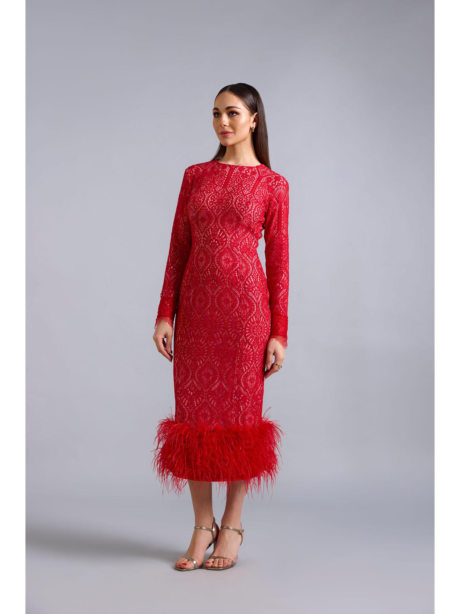 scarlet lace feather midi