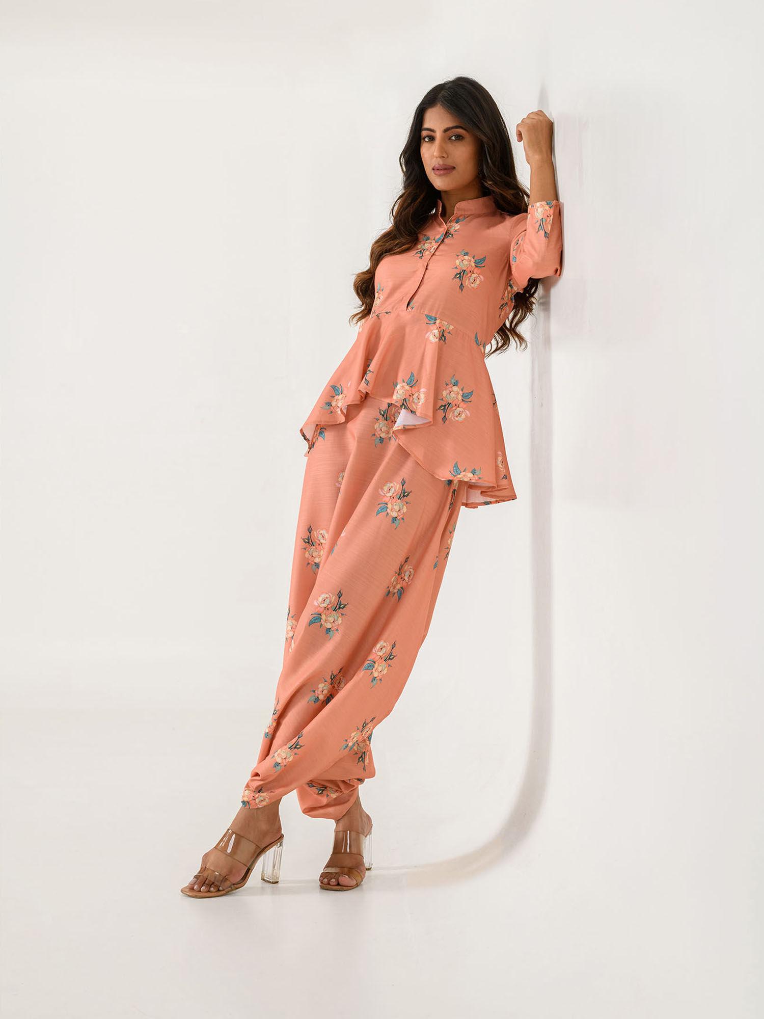 scarlet peach peplum dhoti jumpsuit