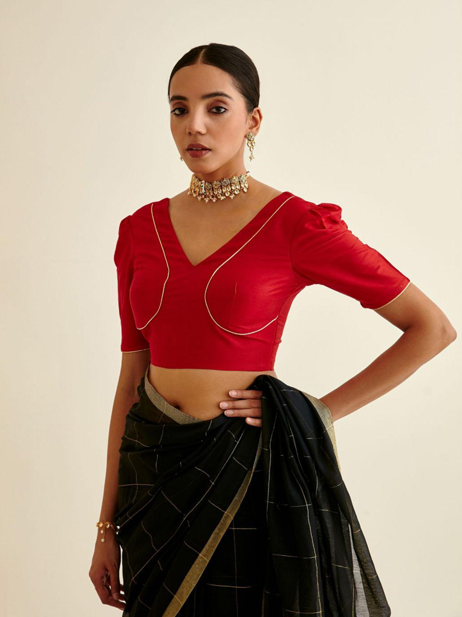 scarlet red banarasi blouse with mutton sleeves