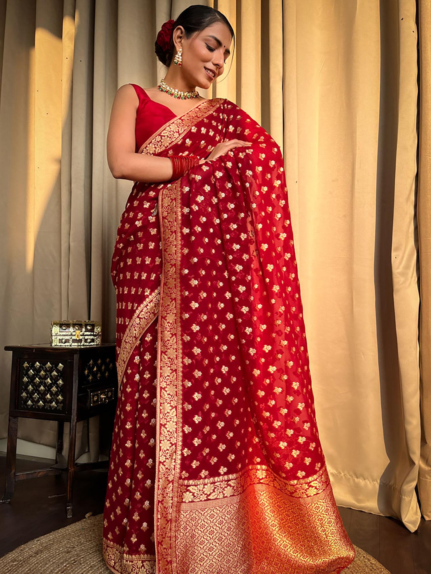 scarlet red banarasi khaddi weaved georgette saree with unstitched blouse