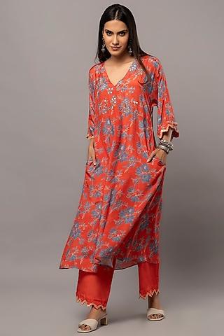 scarlet red cotton silk digital printed & embroidered kaftan tunic