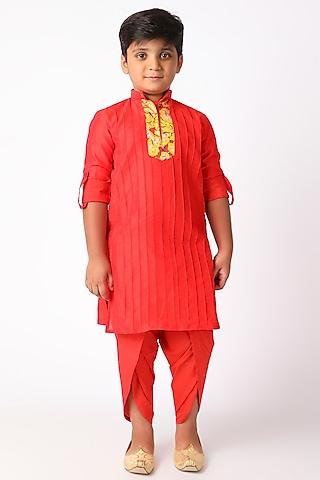 scarlet red cotton silk kurta set for boys
