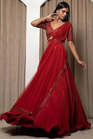 scarlet red crepe draped lehenga set