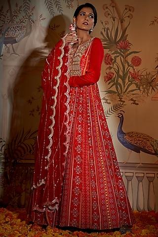 scarlet red crepe silk hand embroidered anarkali set