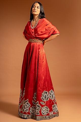 scarlet red embroidered draped gown